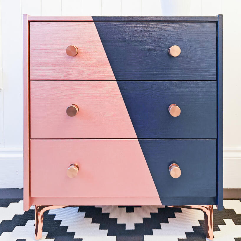 Three Drawer Chest Navy &amp; Rose Gold Geometric
